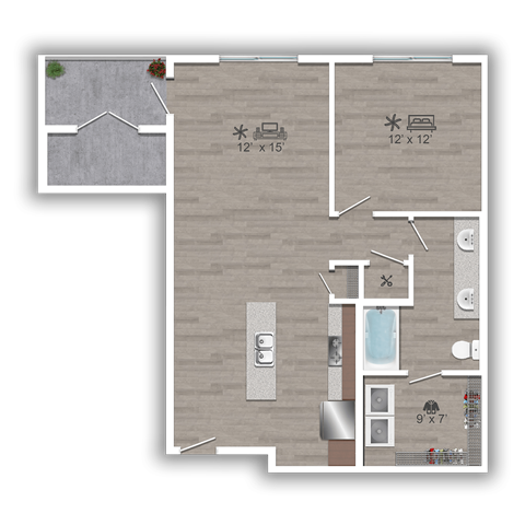 Floor plan for 1 bed, 1 bath, 780 sqft