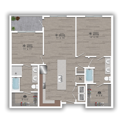 Floor plan for 2 beds, 2 baths, 1076 sqft