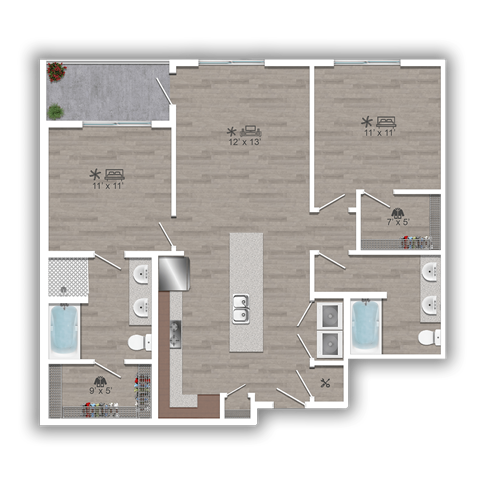 Floor plan for 2 beds, 2 baths, 1030 sqft