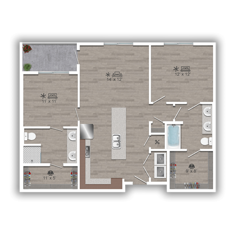 Floor plan for 2 beds, 2 baths, 1078 sqft