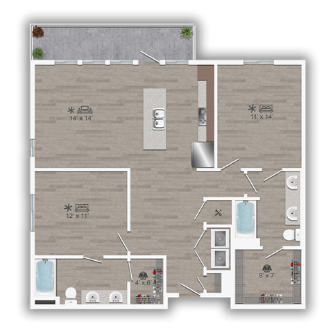 Floor plan for 2 beds, 2 baths, 1135 sqft