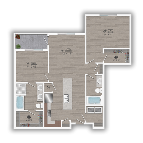 Floor plan for 2 beds, 2 baths, 1107 sqft