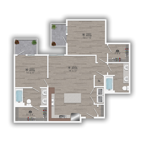 Floor plan for 2 beds, 2 baths, 1055 sqft