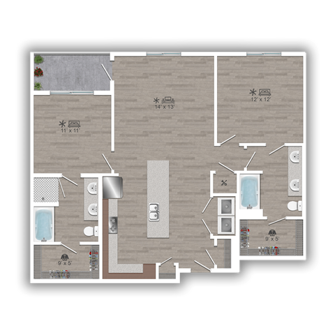 Floor plan for 2 beds, 2 baths, 1142 sqft