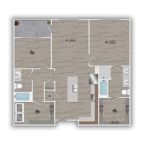 Floor plan for 2 beds, 2 baths, 1076 sqft