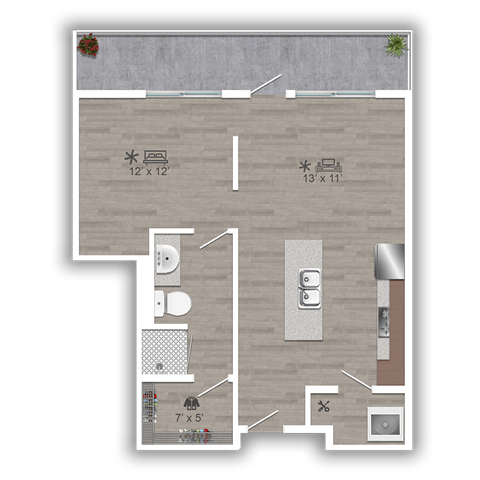 Floor plan for studio, 1 bath, 635 sqft