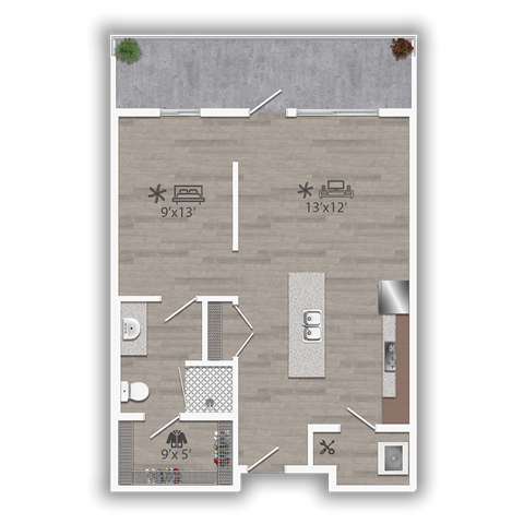 Floor plan for studio, 1 bath, 597 sqft