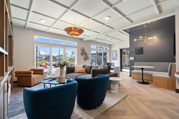 Denver apartment for rent - A modern living room with blue chairs and a wooden floor.