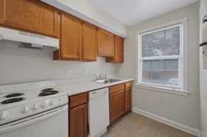Silver Spring apartment for rent - A kitchen with white appliances and wooden cabinets.