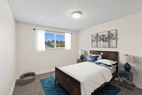 Eugene apartment for rent - A bedroom with a large bed and a dog bed.