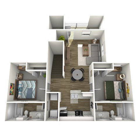 Floor plan for 2 beds, 2 baths, 740 sqft