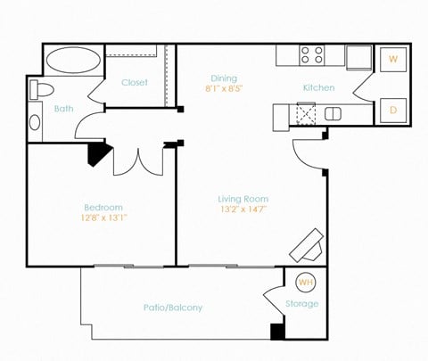 Floor plan for 1 bed, 1 bath, 708 sqft