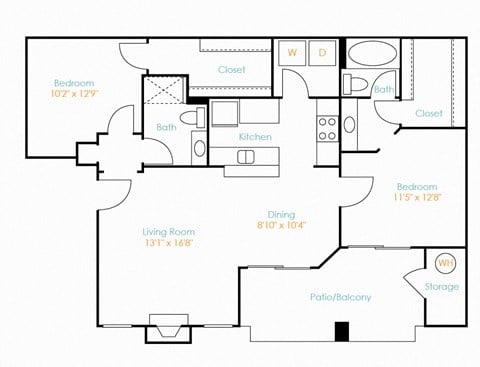 Floor plan for 2 beds, 2 baths, 1030 sqft