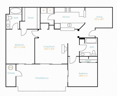 Floor plan for 2 beds, 2 baths, 1078 sqft