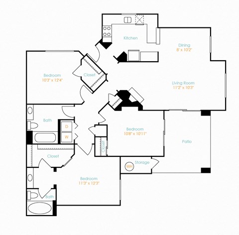 Floor plan for 3 beds, 2 baths, 1288 sqft