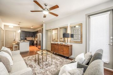 Lewisville apartment for rent - A living room with a white couch and a wooden cabinet.