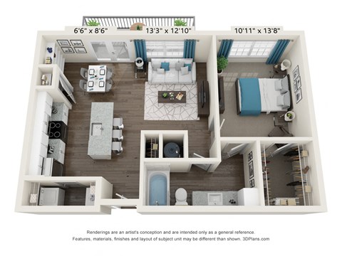 Floor plan for 1 bed, 1 bath, 775 sqft
