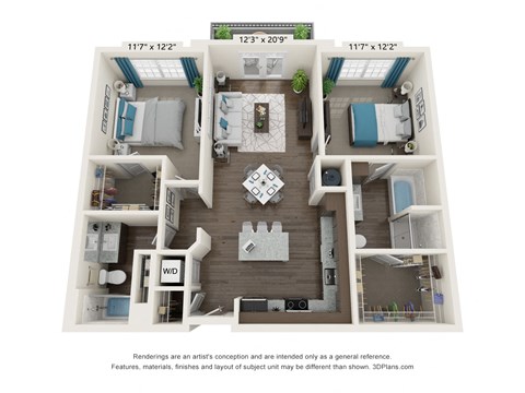 Floor plan for 2 beds, 2 baths, 1123 sqft