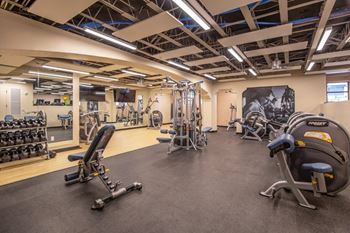 Split-level gym with adjacent shower rooms, bottle-filling station, lockers, and storage rooms