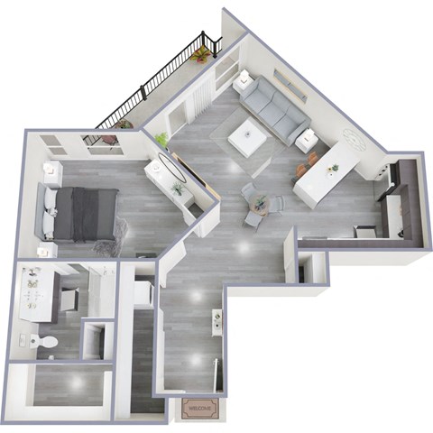 Floor plan for 1 bed, 1 bath, 833 sqft
