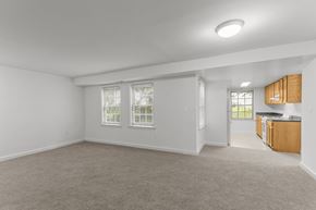 Arlington apartment for rent - A spacious room with a carpeted floor and a window with blinds.
