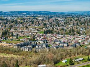 Salem apartment for rent - Aerial view of residential community and surrounding area at Fruitland Meadow Apartments, Salem, Oregon