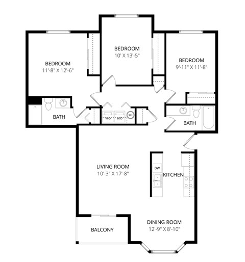 Floor plan for 3 beds, 2 baths, 1289 sqft