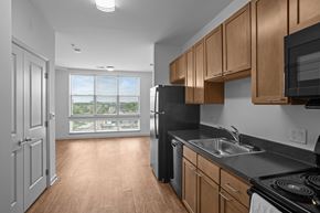 Arlington apartment for rent - A kitchen with black appliances and wooden cabinets.