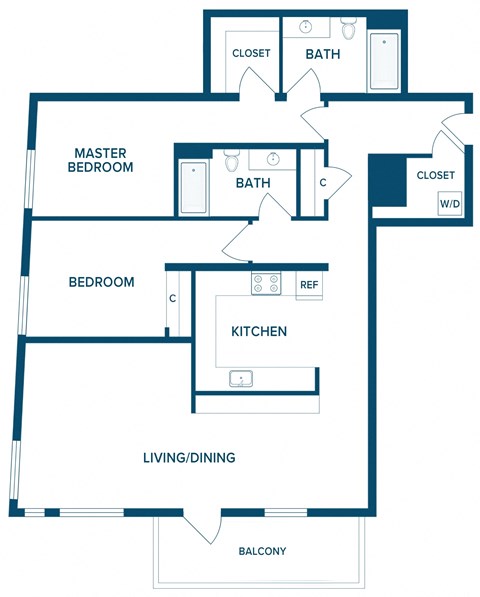 Floor plan for 2 beds, 2 baths, 1330 sqft