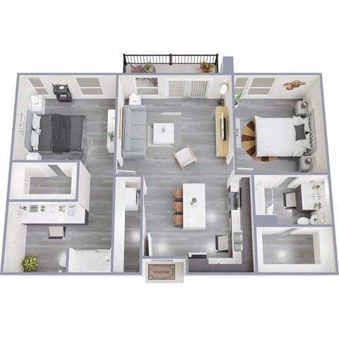 Floor plan for 2 beds, 2 baths, 1050 sqft