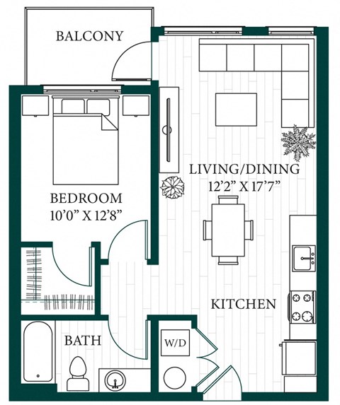 Floor plan for 1 bed, 1 bath, 691 sqft