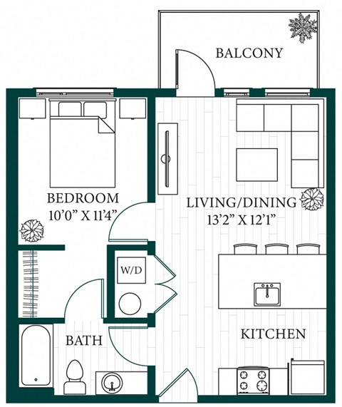Floor plan for 1 bed, 1 bath, 671 sqft