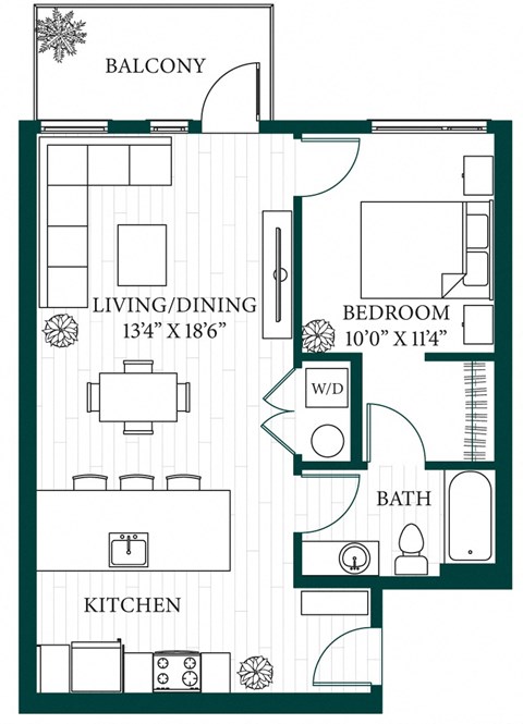 Floor plan for 1 bed, 1 bath, 780 sqft