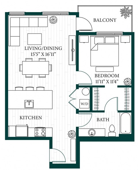 Floor plan for 1 bed, 1 bath, 876 sqft