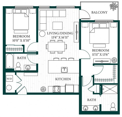 Floor plan for 2 beds, 2 baths, 1163 sqft