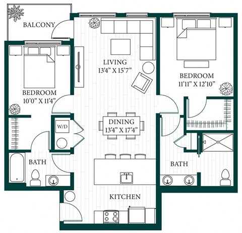 Floor plan for 2 beds, 2 baths, 1169 sqft