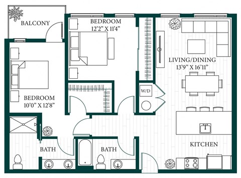 Floor plan for 2 beds, 2 baths, 1184 sqft