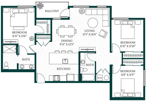 Floor plan for 3 beds, 2 baths, 1517 sqft