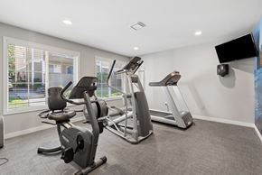 Everett apartment for rent - A spacious home gym with a treadmill, elliptical trainer, and stationary bike.