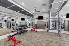 Celebration apartment for rent - A gym with a variety of equipment including dumbbells, weight plates, and a bench press.