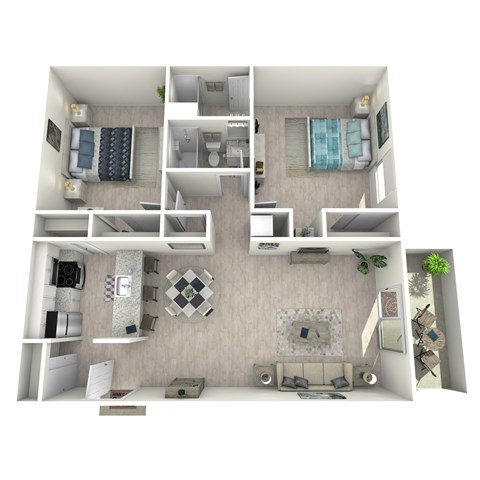 Floor plan for 2 beds, 2 baths, 960 sqft