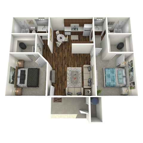 Floor plan for 2 beds, 2 baths, 763 sqft