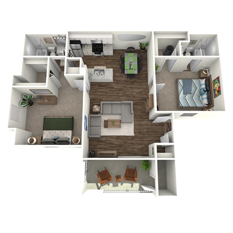 Floor plan for 2 beds, 2 baths, 931 sqft
