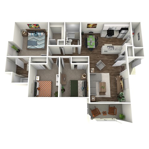 Floor plan for 3 beds, 2 baths, 1032 sqft