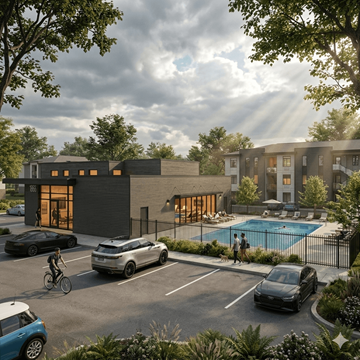 Richland apartment for rent - A modern building with a pool and cars parked in front.