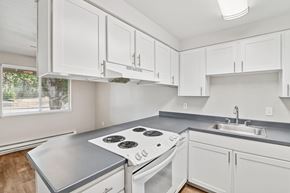 Gresham apartment for rent - A white kitchen with a stove top oven and a sink.