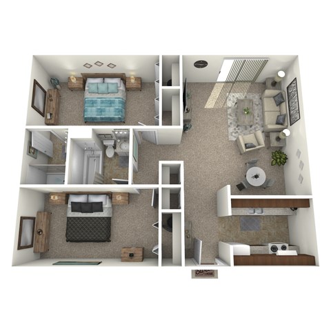 Floor plan for 2 beds, 2 baths, 960 sqft