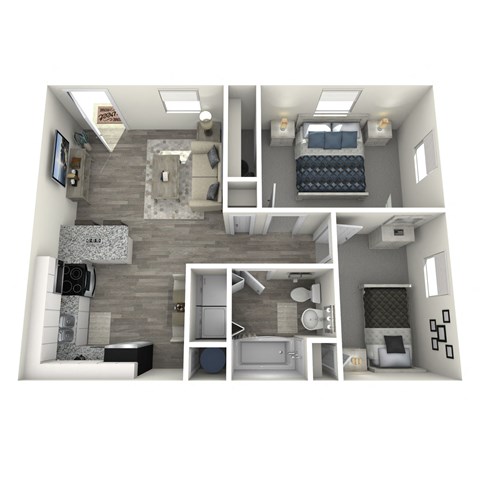 Floor plan for 2 beds, 1 bath, 652 sqft