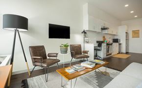 Portland apartment for rent - A modern living room with a brown leather chair and a black floor lamp.