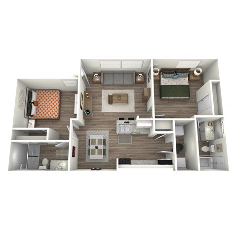 Floor plan for 2 beds, 2 baths, 766 sqft